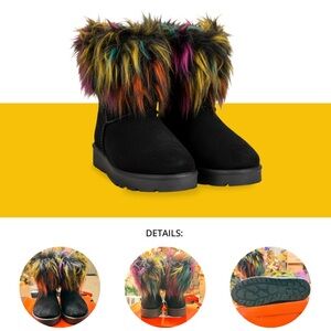 Black Faux Suede Boots • Multi-Color Rainbow Faux Fur Trim • Winter Boots